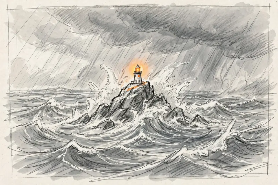 Pencil storyboard panel, wide shot: a tiny lighthouse on a rock with its lamp lit, as huge waves crash around it under a stormy sky.