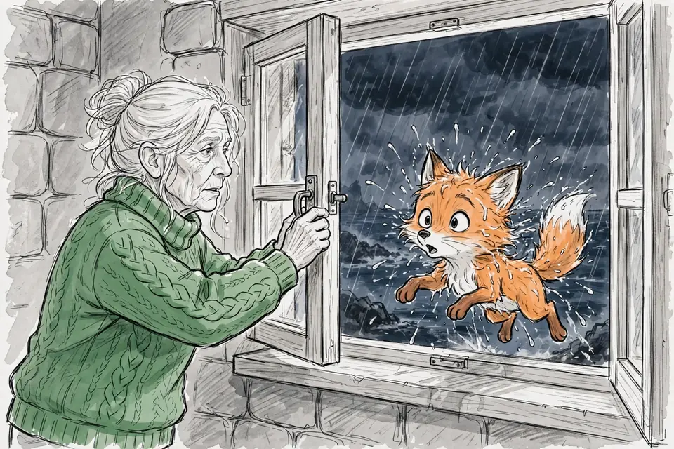 Pencil storyboard panel, medium shot: Ada, an older woman with silver hair in a green sweater, opens the window as Pip, a small soaked orange fox, tumbles in from the rain.