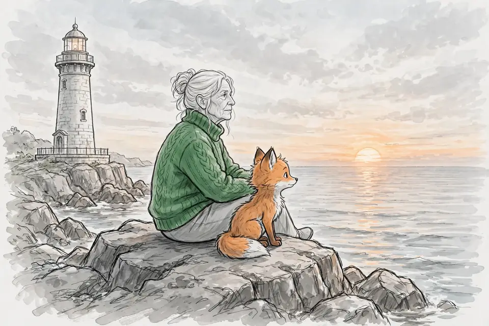 Pencil storyboard panel, wide shot: Ada and Pip the fox sit together on the rocks beside the lighthouse, watching the sun rise over a calm sea.